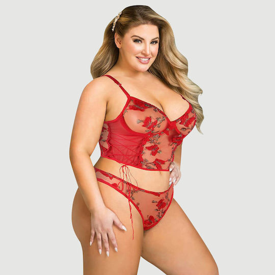 Plus Size Κόκκινο Σετ Εσώρουχα Δαντέλα & Κέντημα Butterfly Pattern Embroidery Mesh Lingerie Set Underwire Κόκκινο