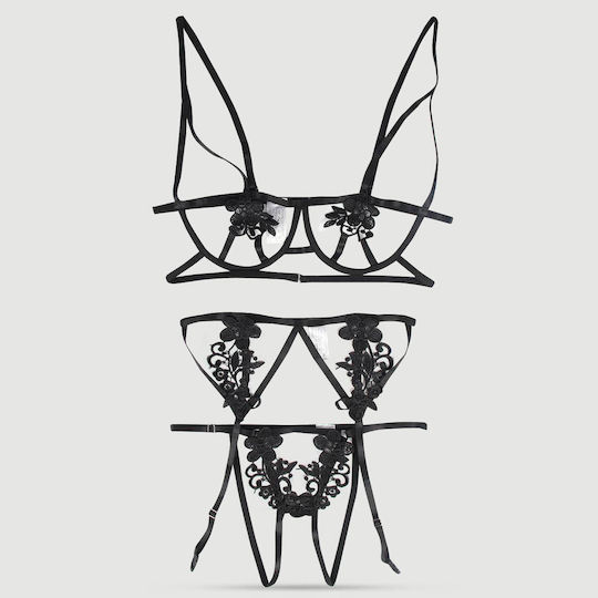 Plus Size Sexy Lingerie Set Embroidery & Applique Underwire Bra Fit Sexy 3 Pcs Black