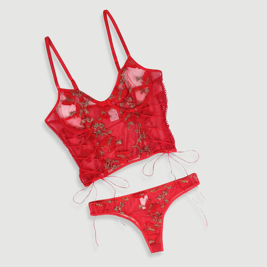 Plus Size Κόκκινο Σετ Εσώρουχα Δαντέλα & Κέντημα Butterfly Pattern Embroidery Mesh Lingerie Set Underwire Κόκκινο