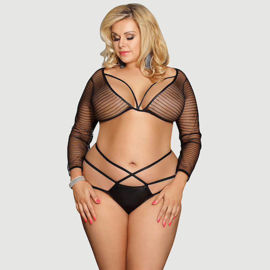 Plus Size Σετ Σουτιέν Ριγέ Δαντέλα & Μακριά Μανίκια Striped Lace Long Sleeve Bra Set Μαύρο