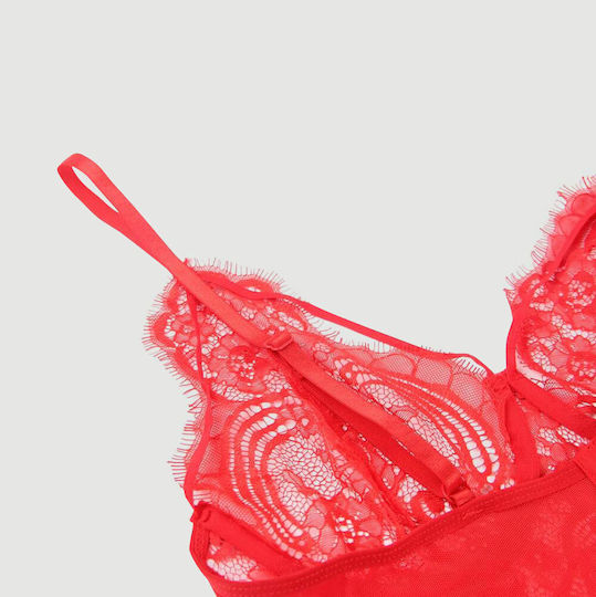 Lace Open Bust Bra And Garters With Steel Ring Red