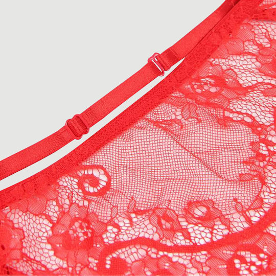 Lace Open Bust Bra And Garters With Steel Ring Red