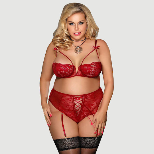 Plus Size Lace Set Open Bust Bra & Garters Ring Lace Open Bust Bra Garter Panty Set Steel Ring Red