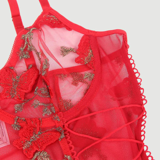 Σετ Εσώρουχα Δαντέλα & Κέντημα Butterfly Pattern Embroidery Mesh Lingerie Set Underwire Κόκκινο
