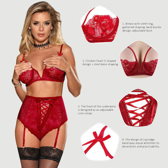 Plus Size Lace Set Open Bust Bra & Garters Ring Lace Open Bust Bra Garter Panty Set Steel Ring Red