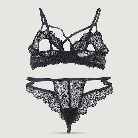 Plus Size Σετ Σουτιέν Δαντέλα & Βαθύ V Exquisite Lace Appeal Deep V Mini Temptation Bra Set Μαύρο