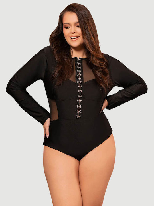 Plus Size Κορμάκι Hook Buckles Long Sleeve Slim Mesh Bodysuit Μαύρο