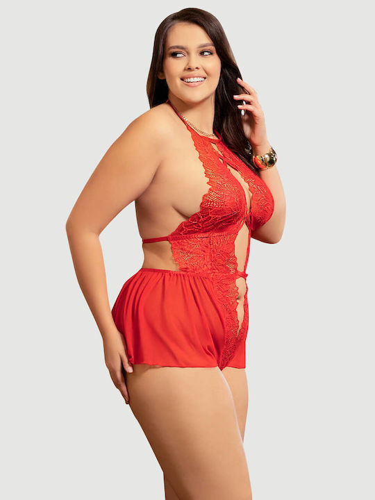 Plus Size Κορμάκι Φόρεμα Sexy Halter Backless Floral Patterns Teddy Lingerie Κόκκινο