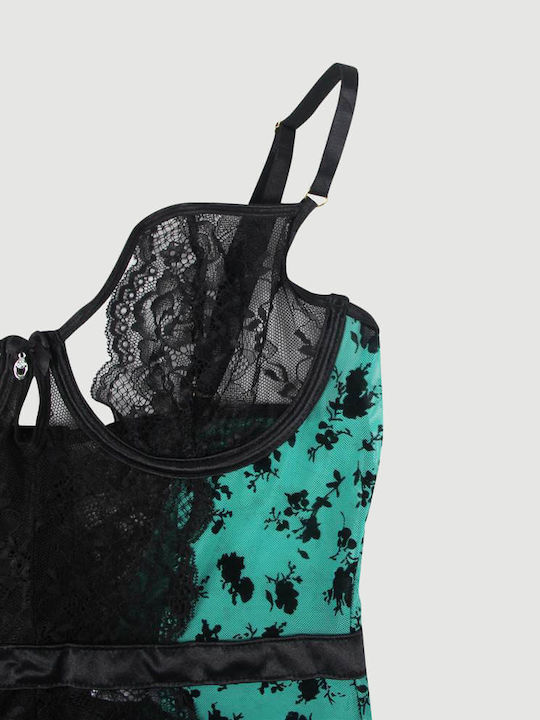 Plus Size Lace Bodysuit Garters & Underwire Flocking Lace Garter Teddy Green