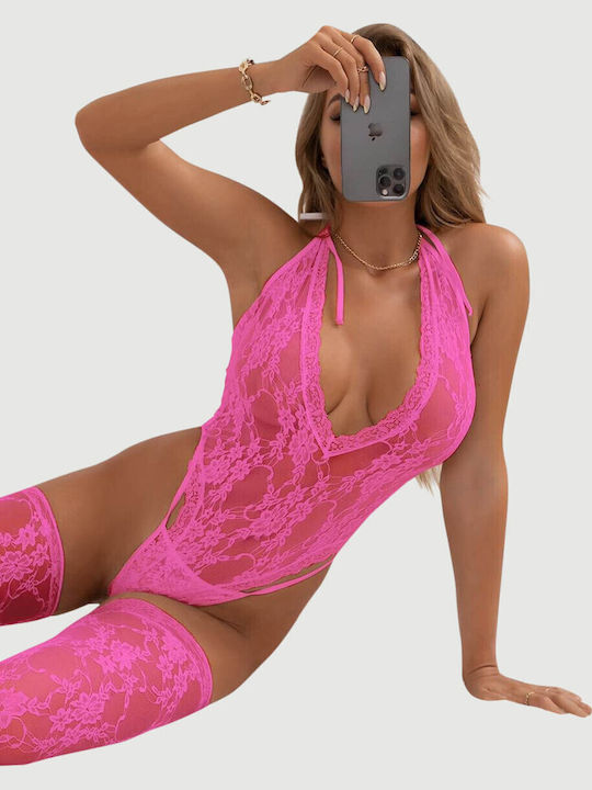 Plus Size Sexy Κορμάκι Κάλτσες Halter V Neckline Lace Teddy Stockings Ροζ