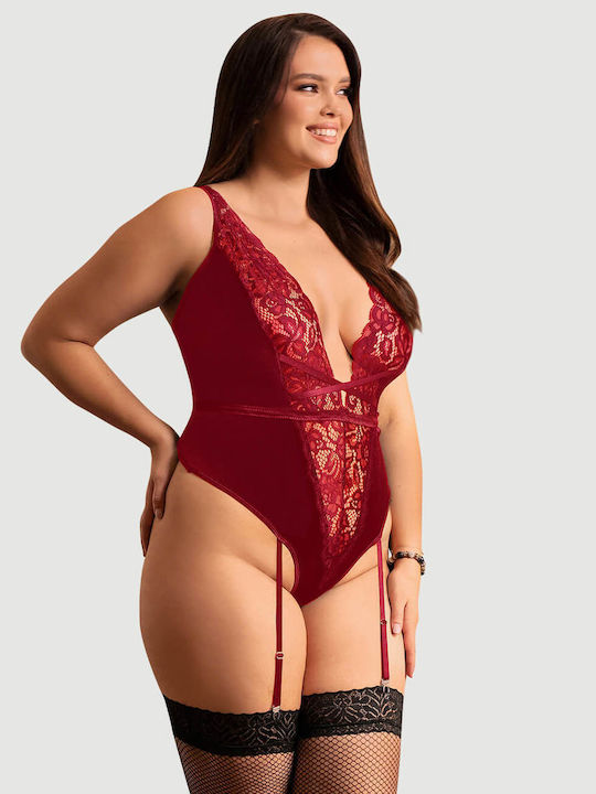 Plus Size Σέξι Κορμάκι Βαθύ V & Ζαρτιέρες & Βελούδινο Ραφτό Deep V Garter Lace Velvet Stitching Teddy Κόκκινο