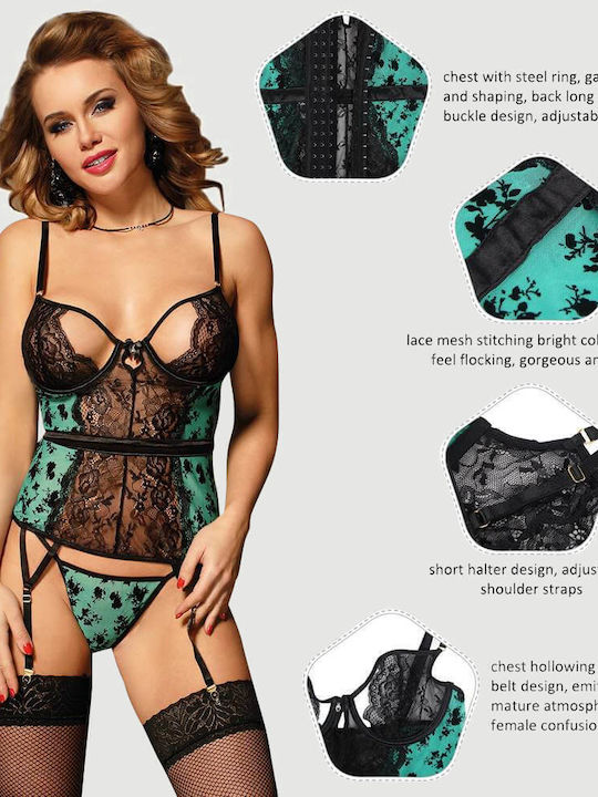 Plus Size Lace Bodysuit Garters & Underwire Flocking Lace Garter Teddy Green
