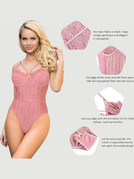 Plus Size Bodysuit Without Underwire Lace & Open Crotch Pink Lace Open Crotch Teddy Pink