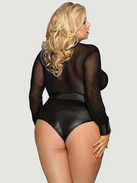 Plus Size Bodysuit V-neck Reißverschluss Leder Teddy Schwarz