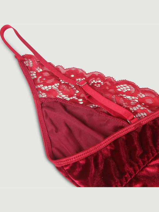 Plus Size Sexy Bodysuit Deep V Garters Velvet Stitching Teddy Red
