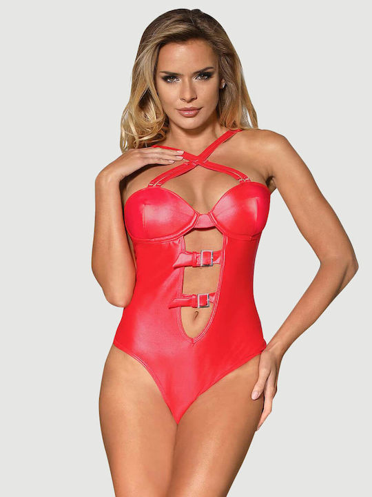 Plus Size Δερμάτινο Σέξι Κορμάκι Plus Size Red Leather Women Sexy Teddy Κόκκινο