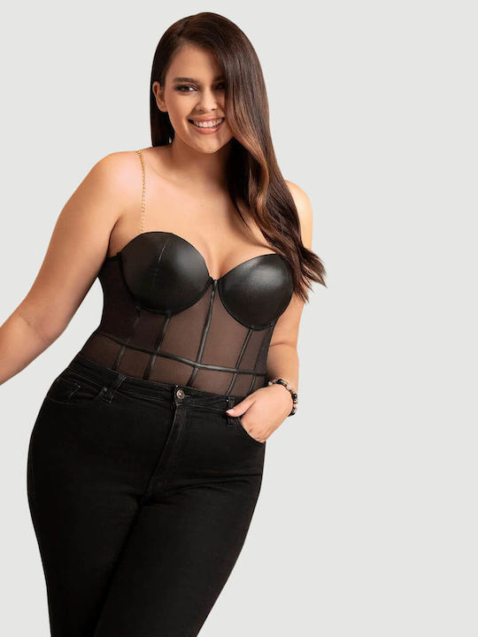 Plus Size Sexy Κορμάκι One Piece Metal Strap See Through Underwire Bodysuit Μαύρο