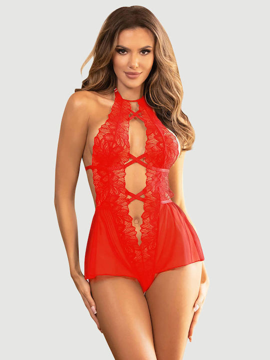 Κορμάκι Φόρεμα Sexy Halter Backless Floral Patterns Teddy Lingerie Κόκκινο