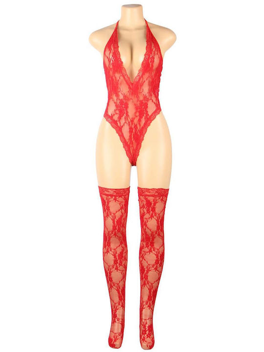 Plus Size Sexy Κορμάκι Κάλτσες Halter V Neckline Lace Teddy Stockings Κόκκινο