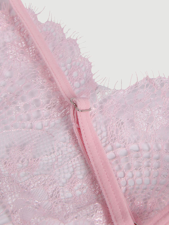 Plus Size Lace Floral Bodysuit Deep V Neck Sheer Teddy Lingerie Pink