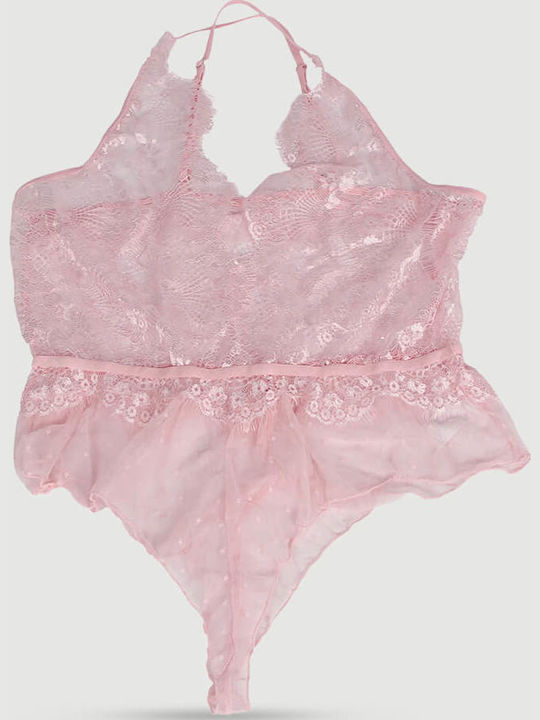 Plus Size Lace Floral Bodysuit Deep V Neck Sheer Teddy Lingerie Pink
