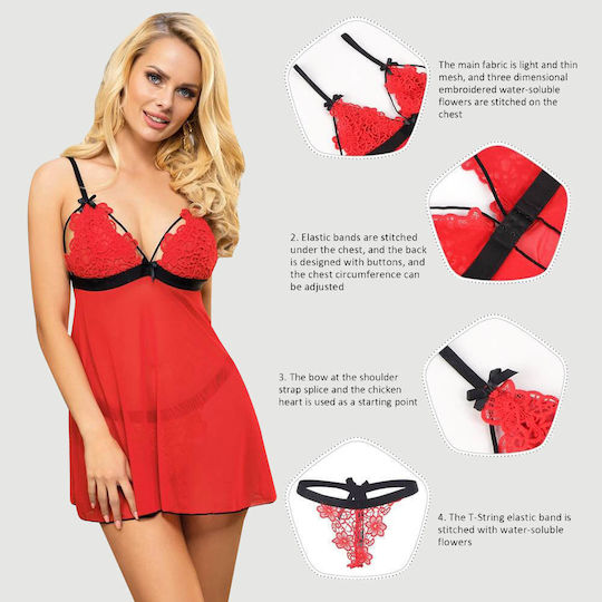 Plus Size Babydoll Lace & Delicate Embroidered Design High End Delicate Embroidery Lace Babydoll & Lingerie Set Red