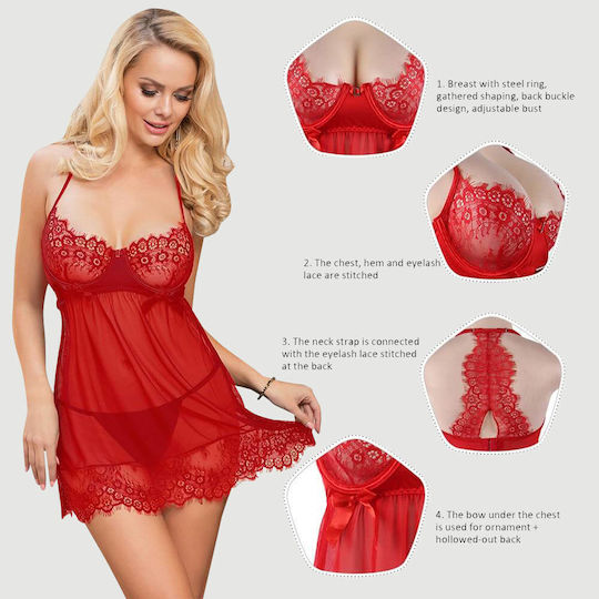 Plus Size Σέξι Διαφανές Δαντελένιο Babydoll Κέντημα Plus Size Sexy Sheer Floral Eyelash Trim Lace Babydoll Set Underwire Κόκκινο