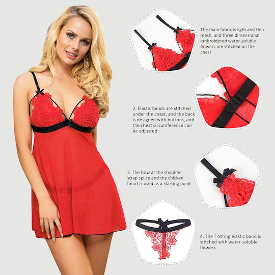 Babydoll Lace & Thin Embroidered Design High End Delicate Embroidery Lace Babydoll & Lingerie Set Red