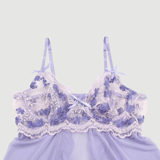 Transparent Babydoll Back Slit Embroidery Transparent Mesh Babydoll Purple