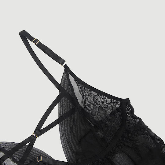 Plus Size Ελκυστικό Babydoll Δαντέλα & Κρεμαστό Λαιμό Elegant Lace Hanging Neck Perspective Sexy Babydoll Μαύρο