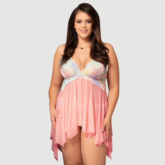 Plus Size Babydoll Διακόσμηση Λουλουδιών Orange Flower Decoration Loose Comfortable Open Front Babydoll Ροζ
