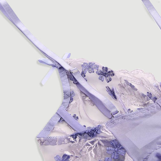 Plus Size Transparent Babydoll Back Slit Embroidery Transparent Mesh Babydoll Purple
