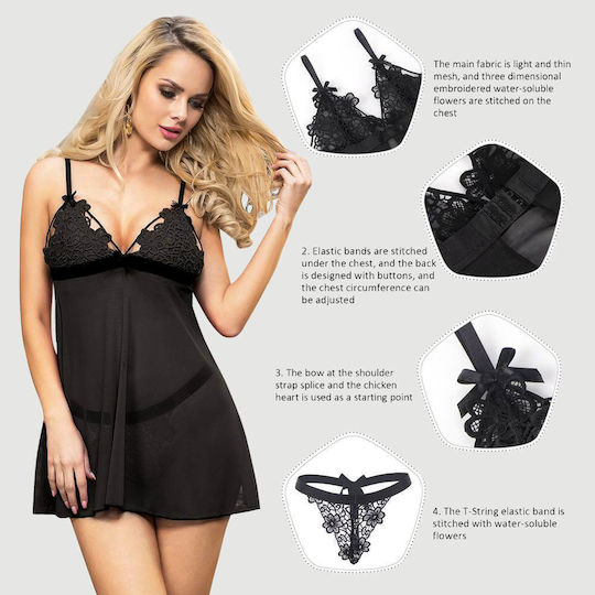Plus Size Babydoll Δαντέλα & Λεπτό Κεντημένο Σχέδιο High End Delicate Embroidery Lace Babydoll & Lingerie Set Μαύρο