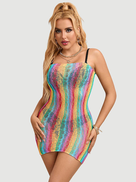 Ολόσωμο Δίχτυ Ανοιχτούς Ώμους Rainbow Colorful Off Shoulder Sleeveless Fishnet Bodystocking Πολύχρωμο