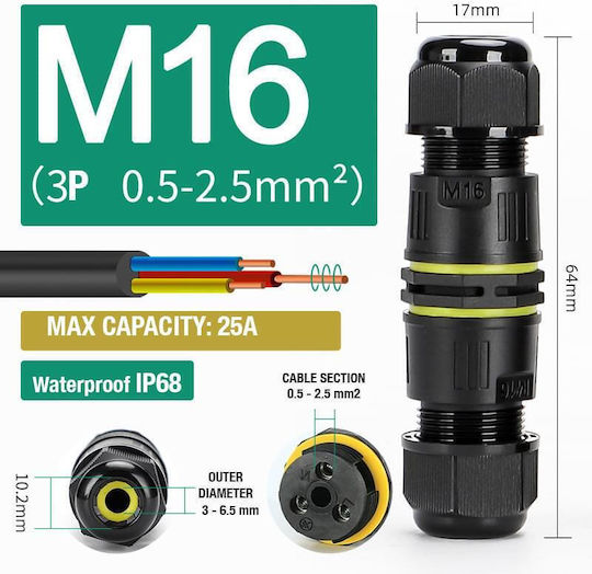 Set 2 Bucăți Conector Etanș Ip68 Pentru Exterior M16 3 Poli Secțiune Cablu 0.5-2.5 Mm² Diametru Cablu 3-6.5 Mm Onuvio