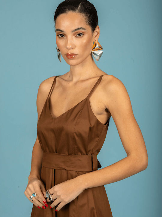 Καλοκαιρινό Midi Βραδινό Φόρεμα Εξώπλατο Dark Brown