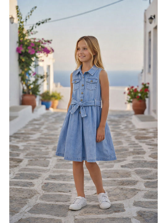 Girls Dress Sleeveless Denim Set with Accessories Blue
