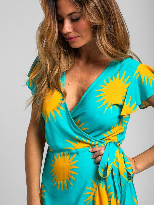 Summer Mini Dress with Ruffles Turquoise