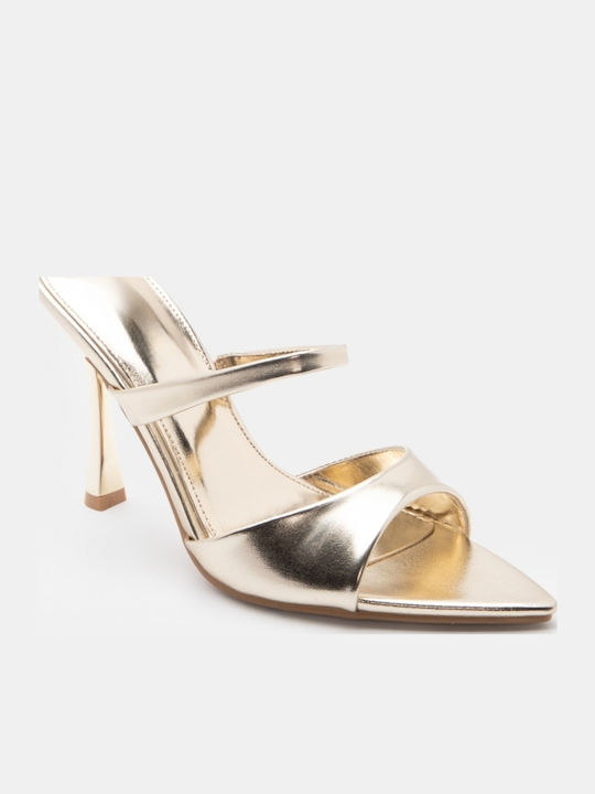 Damen Pantoletten mit Hoch Absatz in Gold Farbe
