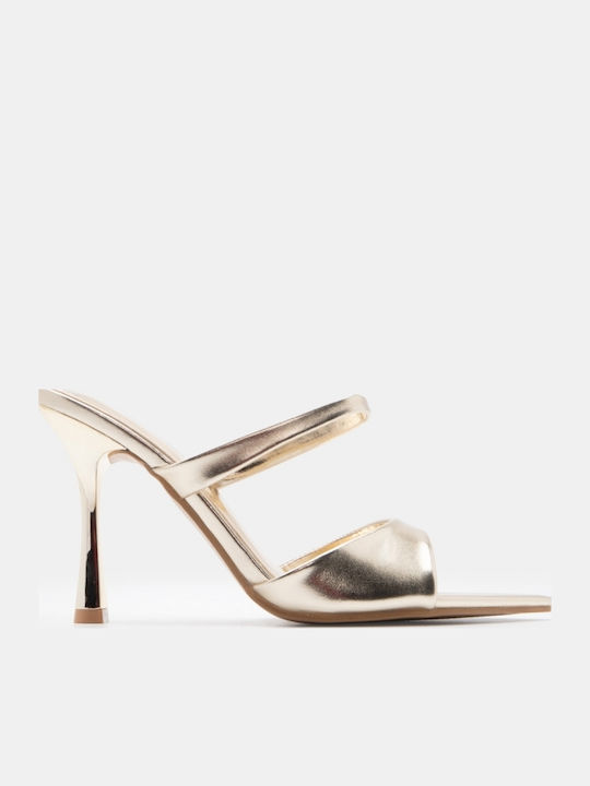 Damen Pantoletten mit Hoch Absatz in Gold Farbe