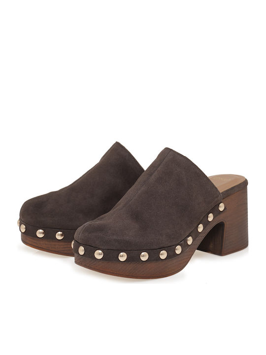Leather Mules with Heel in Brown Colour