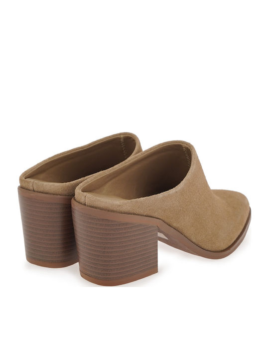 Suede Mules with High Heel in Beige Colour