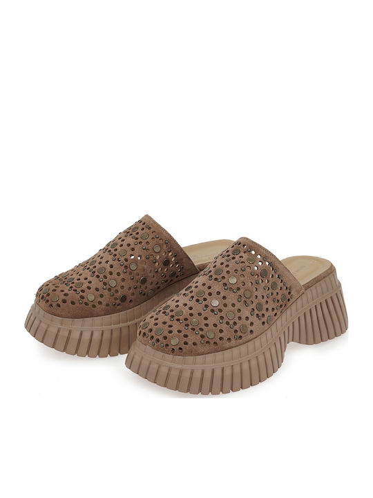 Suede Mules With High Heel In Brown Colour