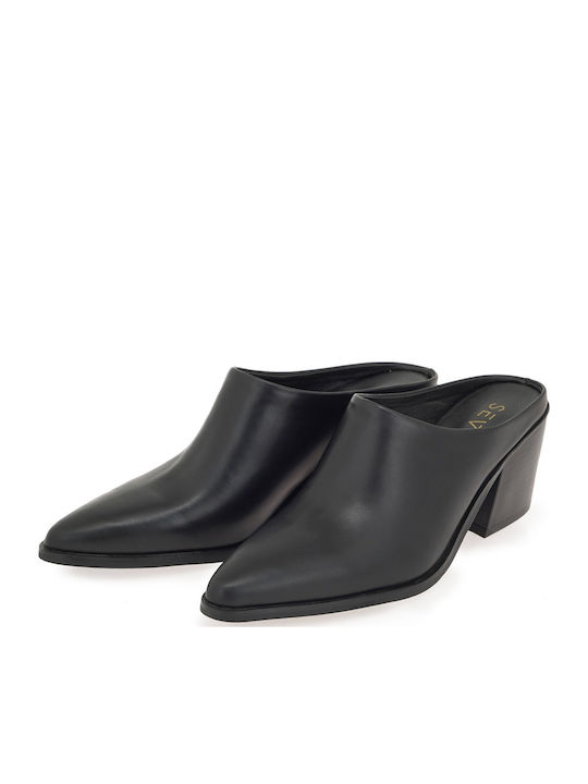 Leather Mules with High Heel in Black Colour