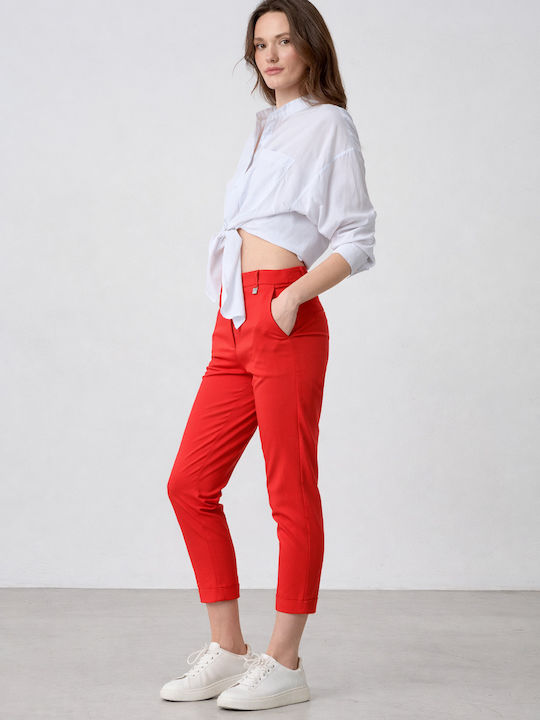 Pantaloni Dama Capri Din Țesătură Roșii
