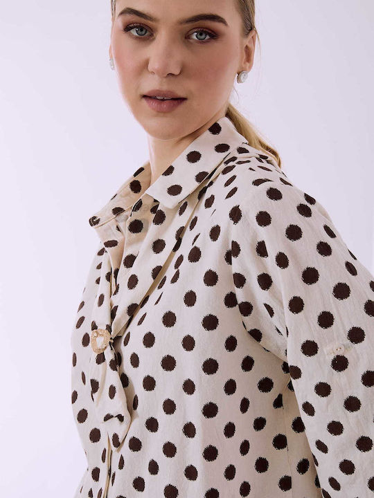 Celestino Damenhemden Polka Dot Asymmetrisch Loose Fit Dunkelbraun