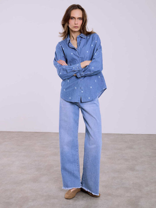Celestino Women's Shirt Denim Floral Loose Fit Blue