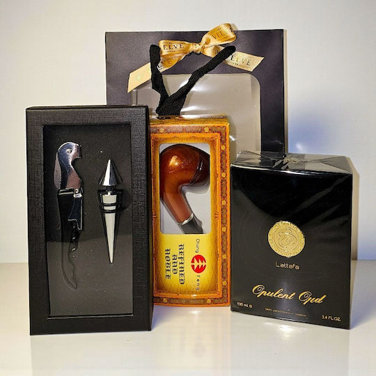 Set Opulent Oud Pentru Bărbați Lattafa Eau de Parfum 100 Ml Set Accesorii Țeavă de Lemn și Vin În Geantă Elegantă