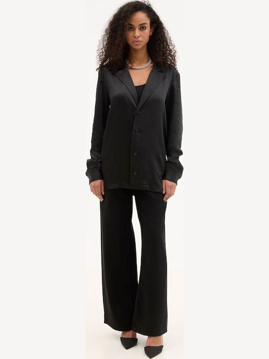 Long Sleeve Women's Satin Shirt Black