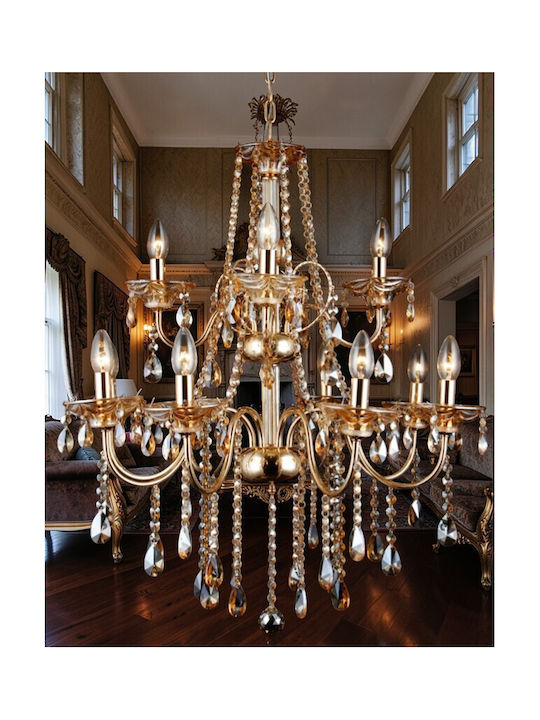 Stewehome Hanging Chandelier Glow Gold 12 Candlesticks With Crystals 65x80cm